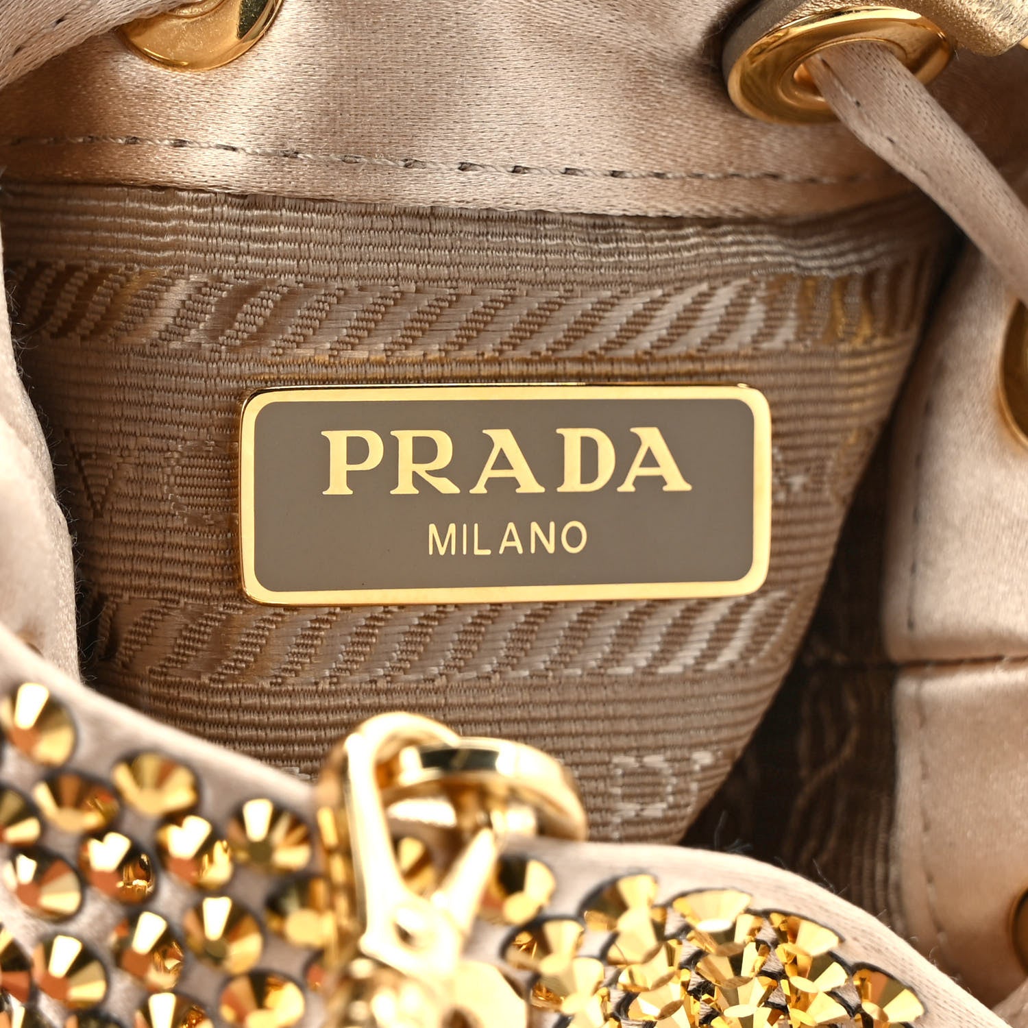 Prada Satin Crystal Metal Triangle Logo Mini Drawcord Pouch Shoulder Bag Platino 6 of 9