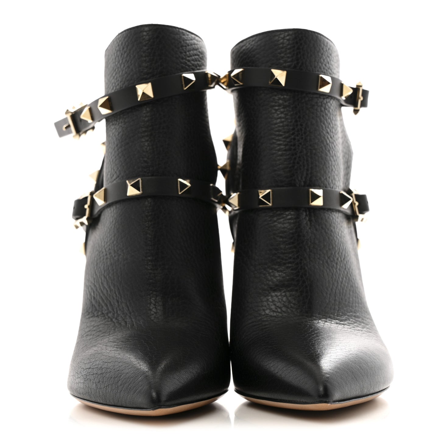 Pebbled Calfskin Rockstud Double Buckle 65mm Ankle Boots 37.5 Black