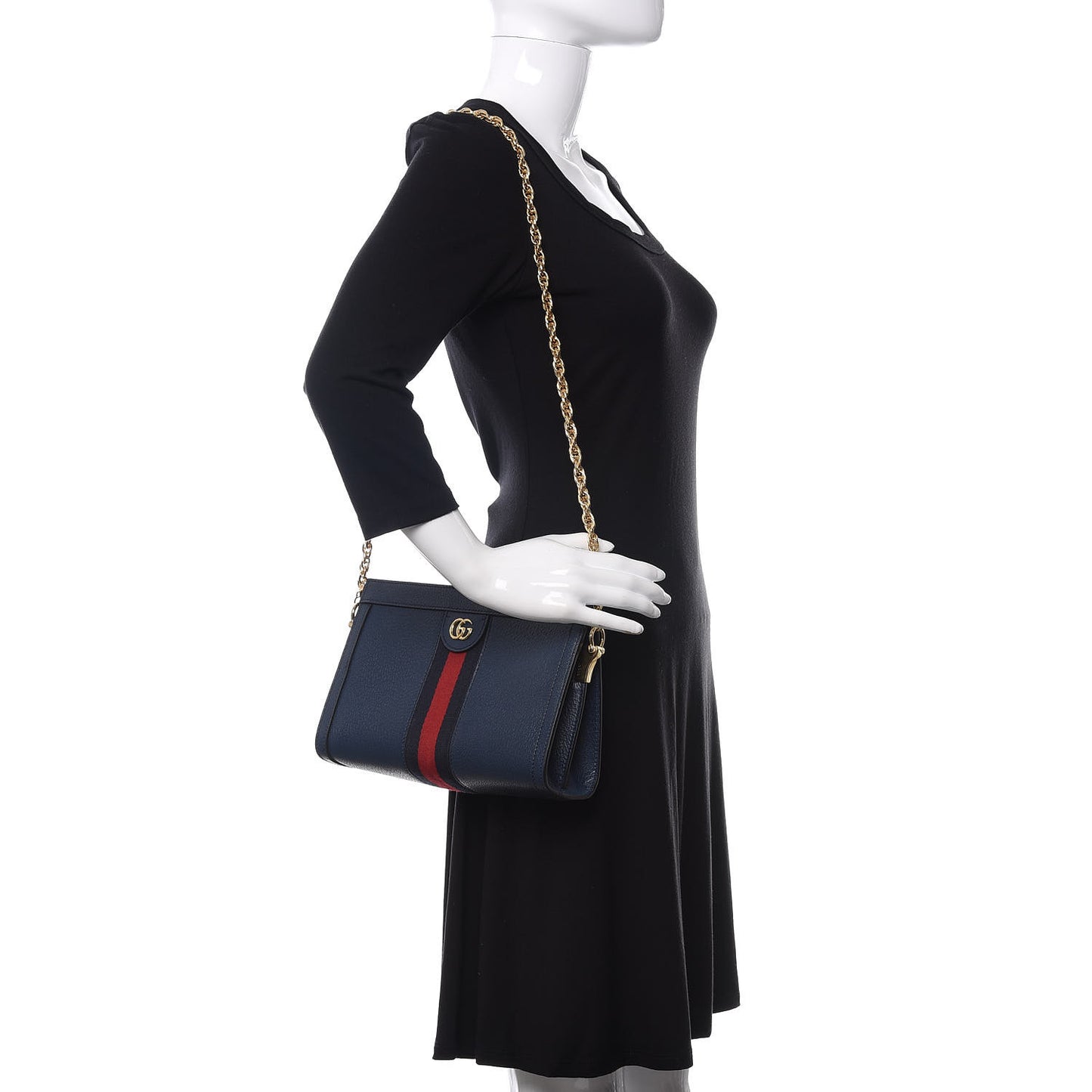 Textured Calfskin Web Small Ophidia Chain Shoulder Bag Blue Agata