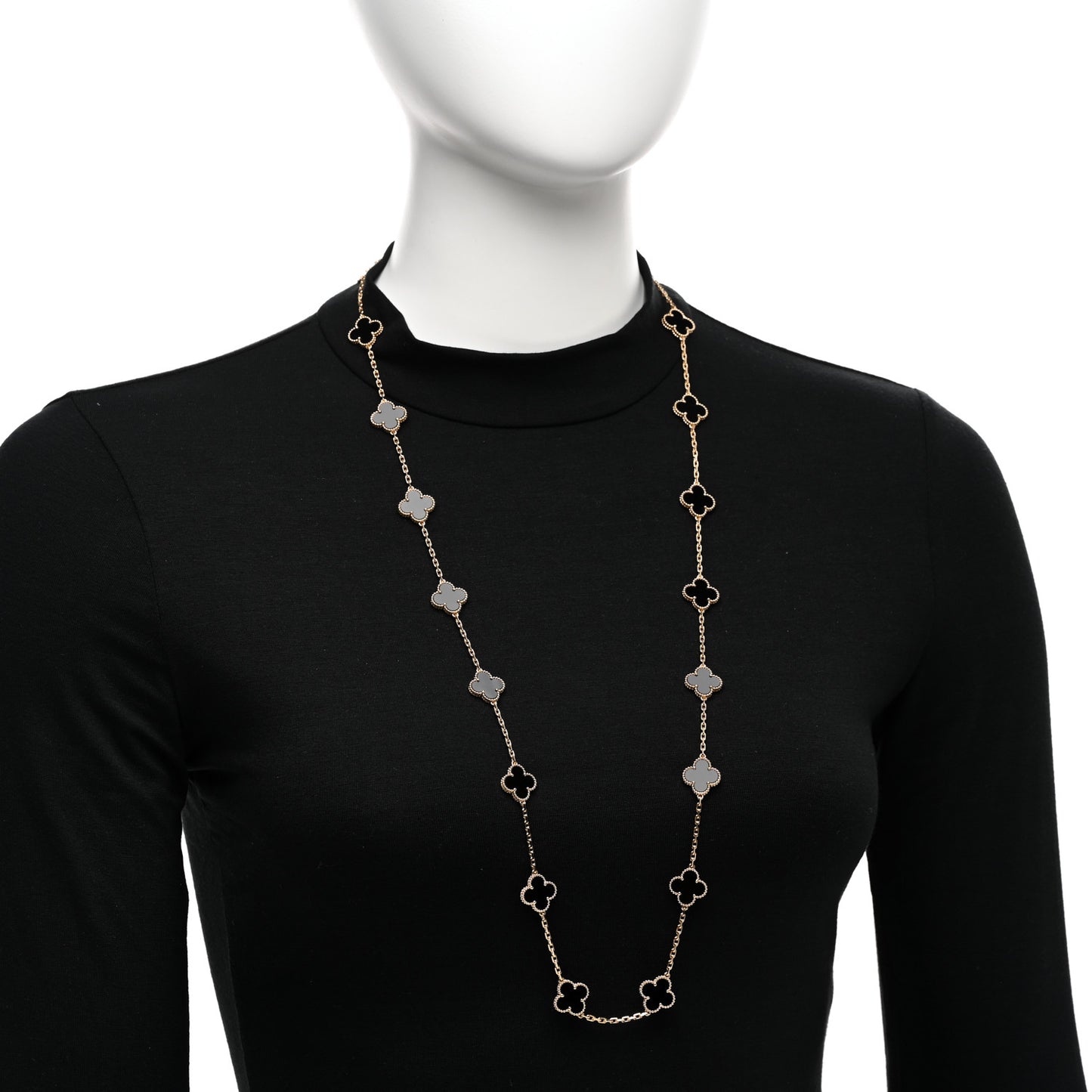 18K Yellow Gold Black Onyx 20 Motifs Vintage Alhambra Necklace