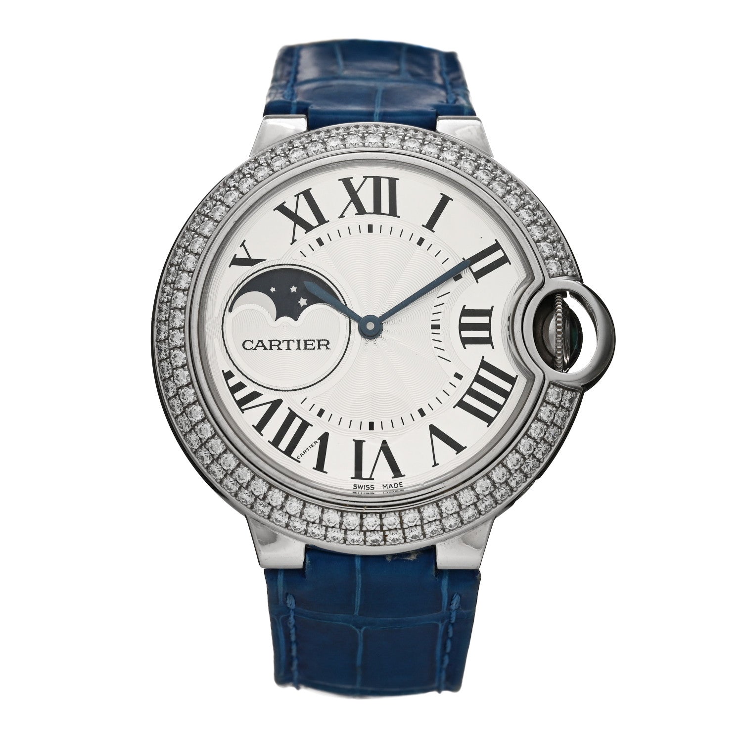 Cartier 18K White Gold Diamond Pave Bezel 37mm Ballon Bleu De Cartier Moonphase Automatic Watch 1 of 5