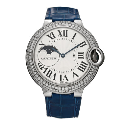Cartier 18K White Gold Diamond Pave Bezel 37mm Ballon Bleu De Cartier Moonphase Automatic Watch 1 of 5