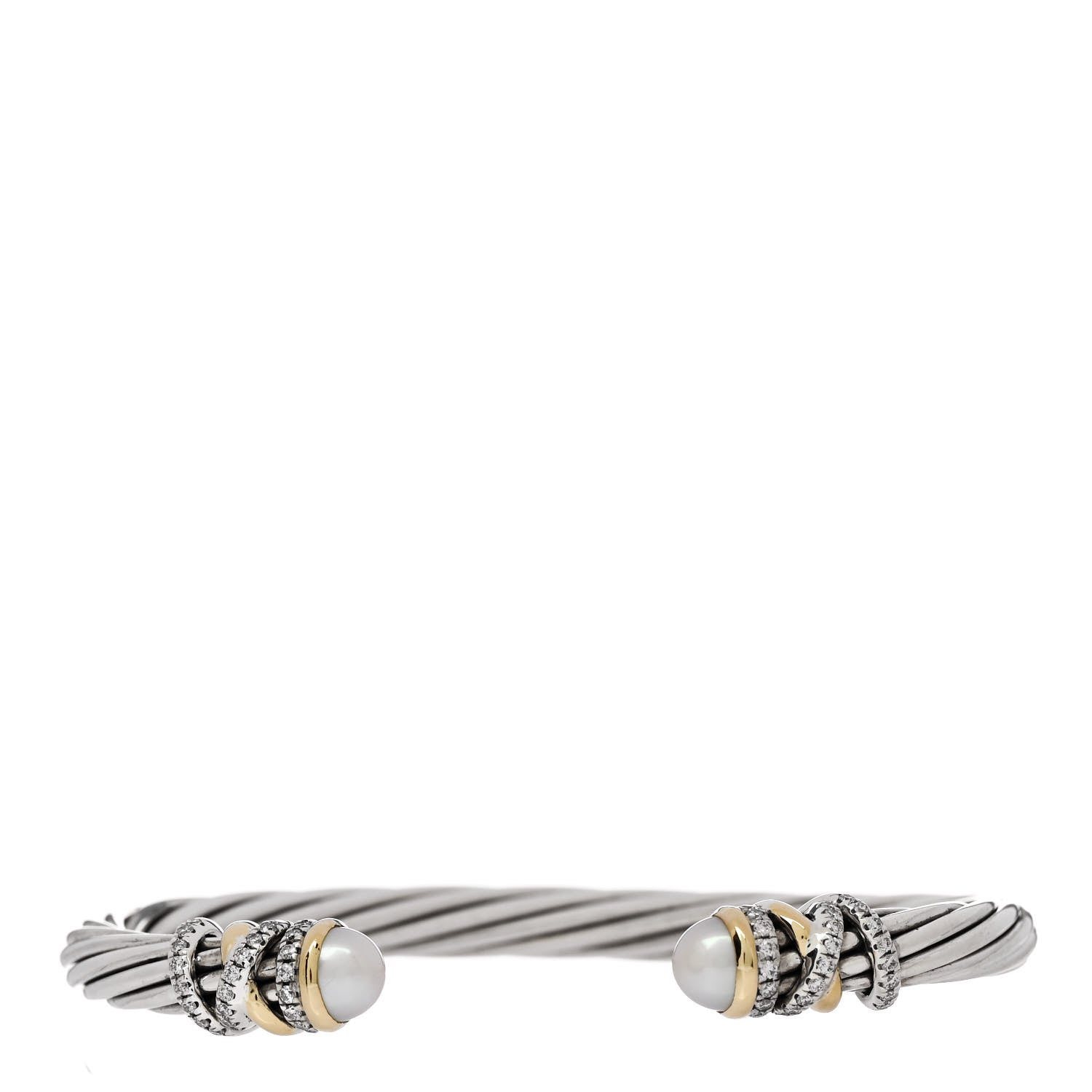 David Yurman Sterling Silver 18K Yellow Gold Diamond Pearl 6mm Helena Cuff Bracelet 1 of 3