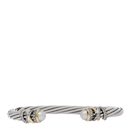 David Yurman Sterling Silver 18K Yellow Gold Diamond Pearl 6mm Helena Cuff Bracelet 1 of 3