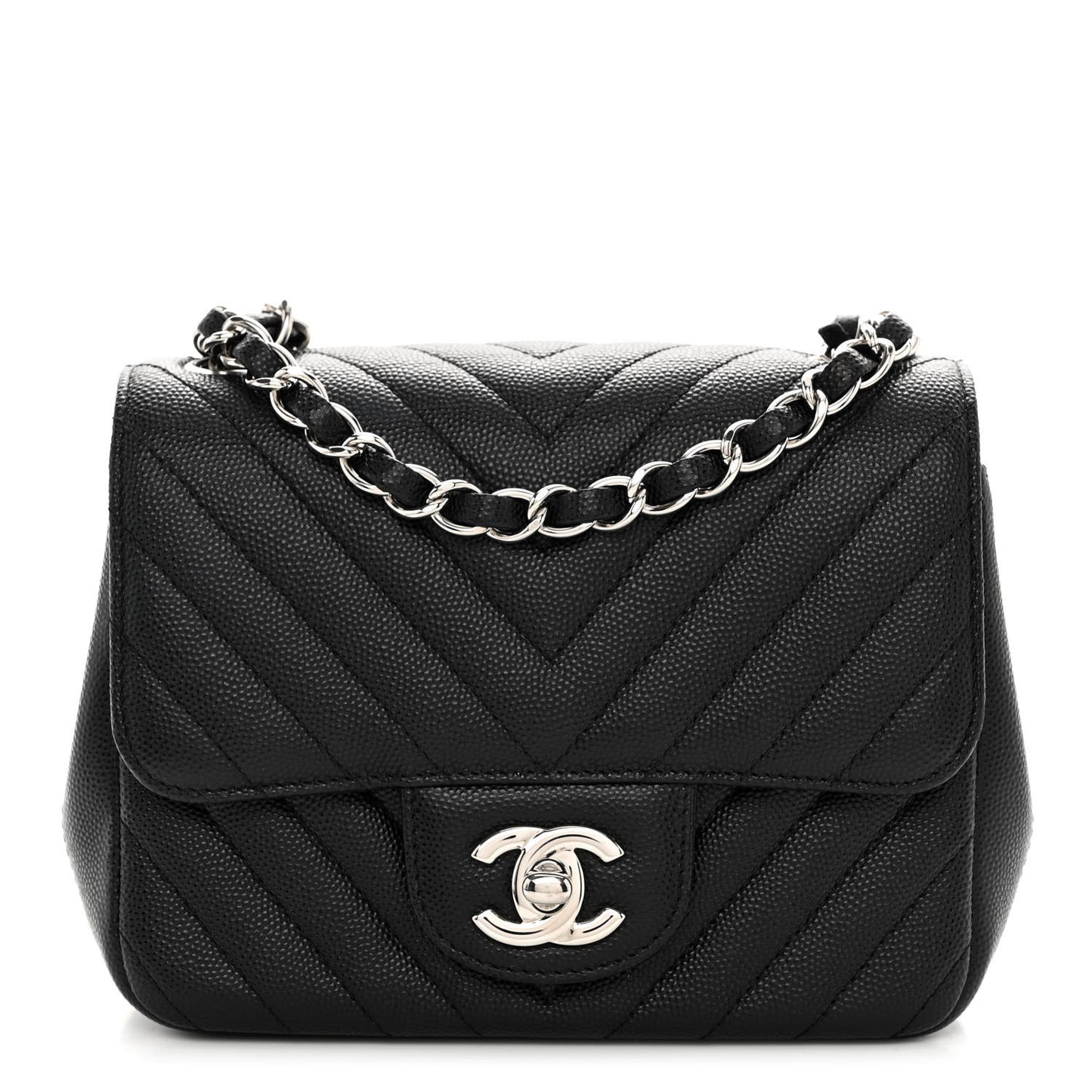 Caviar Chevron Quilted Mini Square Flap Black