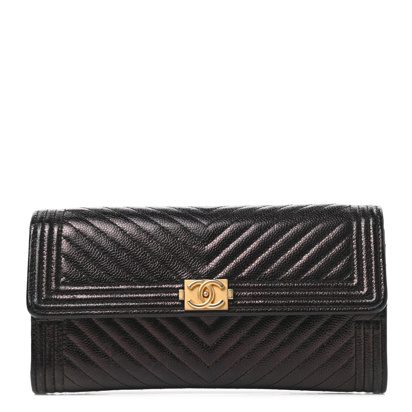 Caviar Chevron Quilted Large Boy Gusset Flap Wallet Black