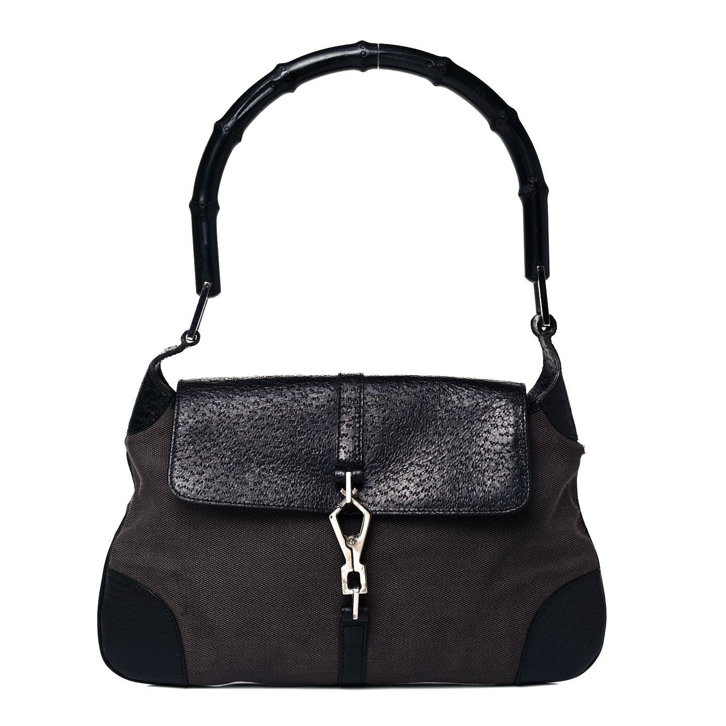 Calfskin Bamboo Handle Jackie O Hobo Black
