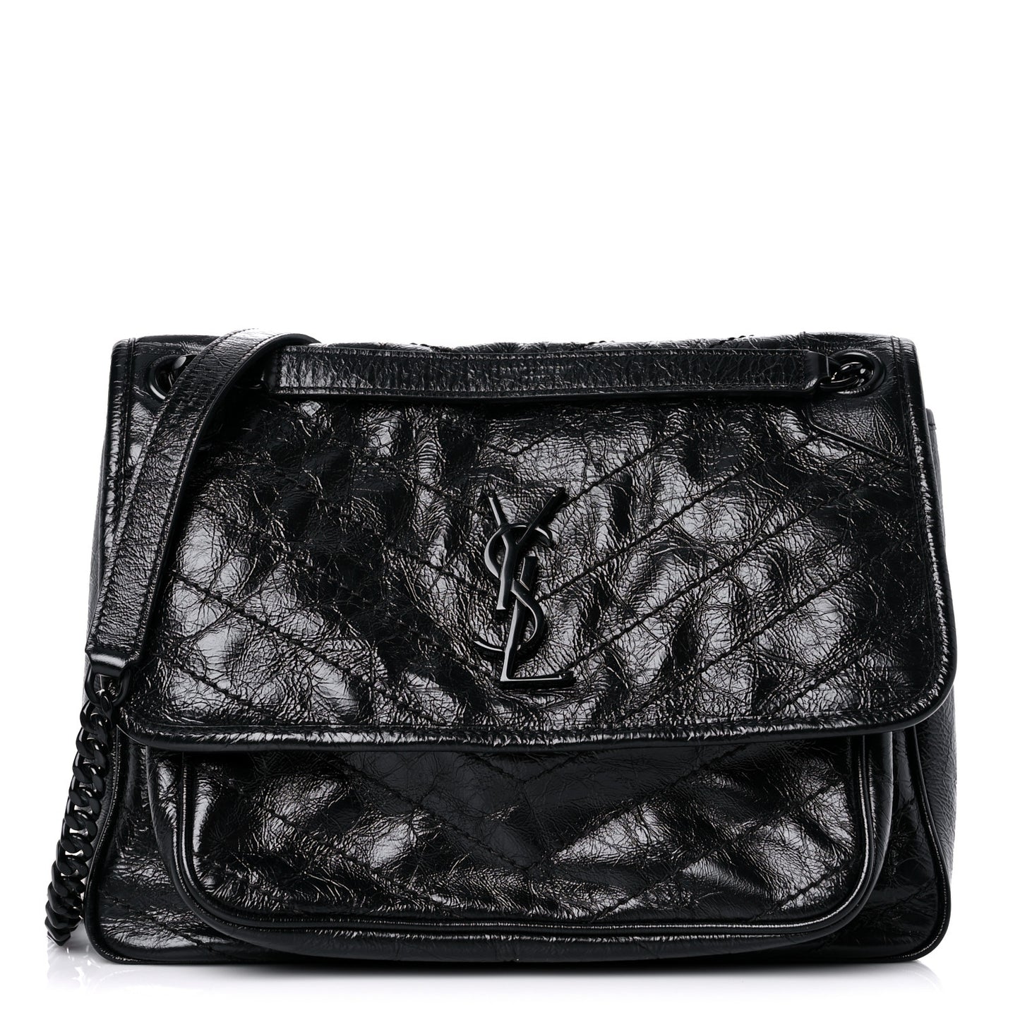 Crinkled Calfskin Matelasse Monogram Medium Niki Chain Satchel Black