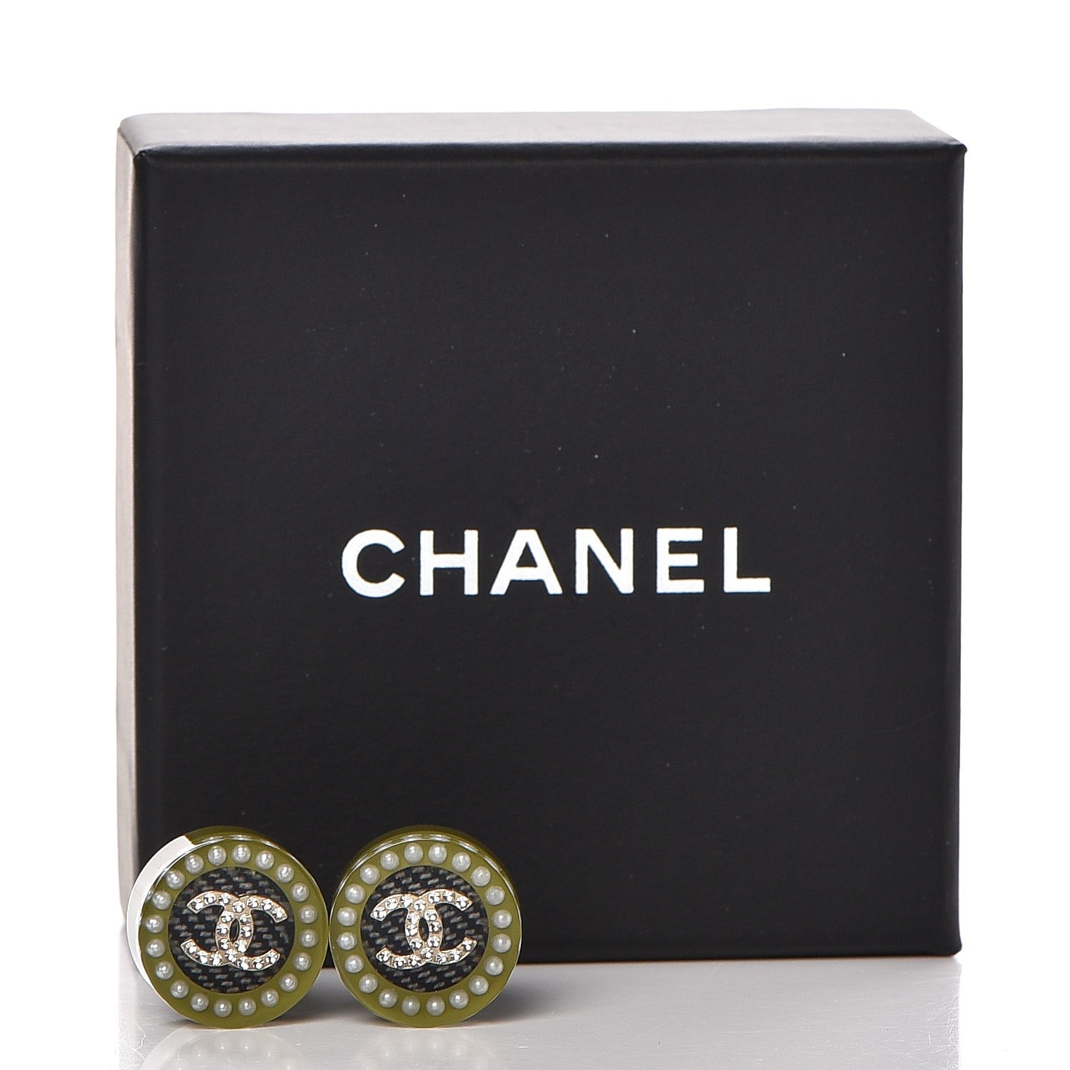 Chanel Resin Pearl Crystal CC Earrings Black Green 5 of 5