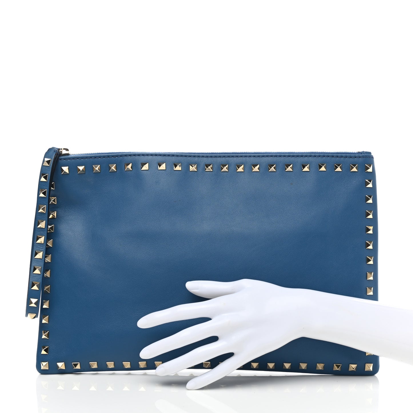 Vitello Large Rockstud Zip Wristlet Pouch Blu Delft