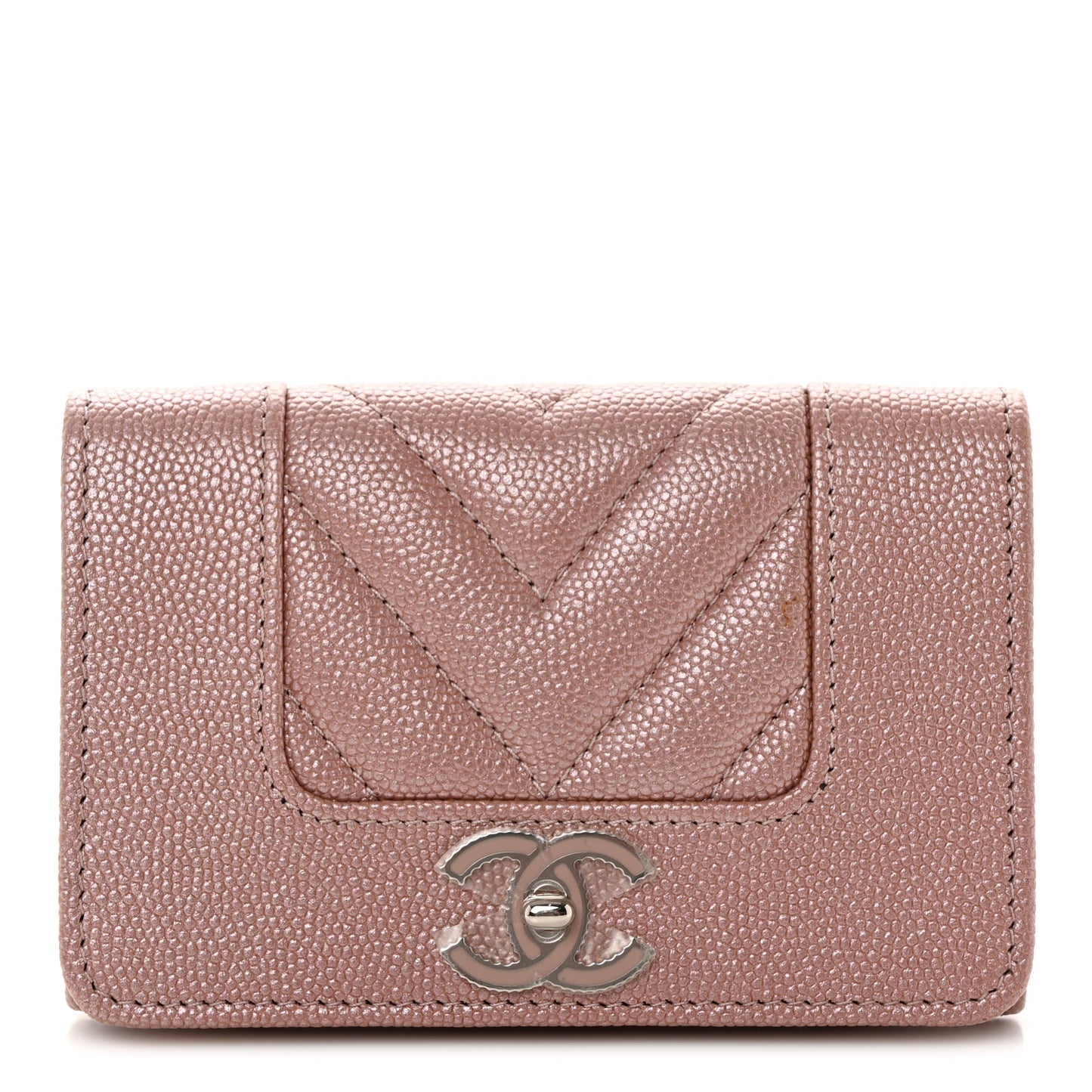 Metallic Caviar Chevron Quilted Vintage Mademoiselle Flap Card Holder Pink