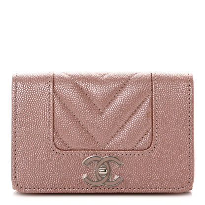 Chanel Metallic Caviar Chevron Quilted Vintage Mademoiselle Flap Card Holder Pink 1 of 8