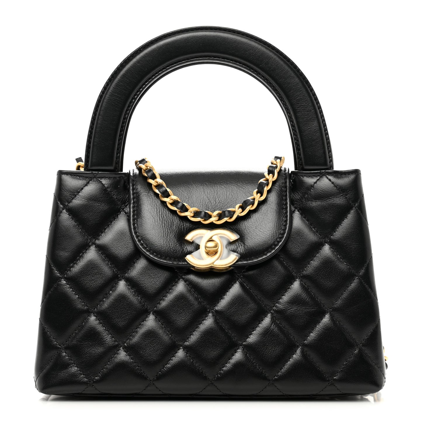 Shiny Aged Calfskin Quilted Nano Kelly Shopper Black