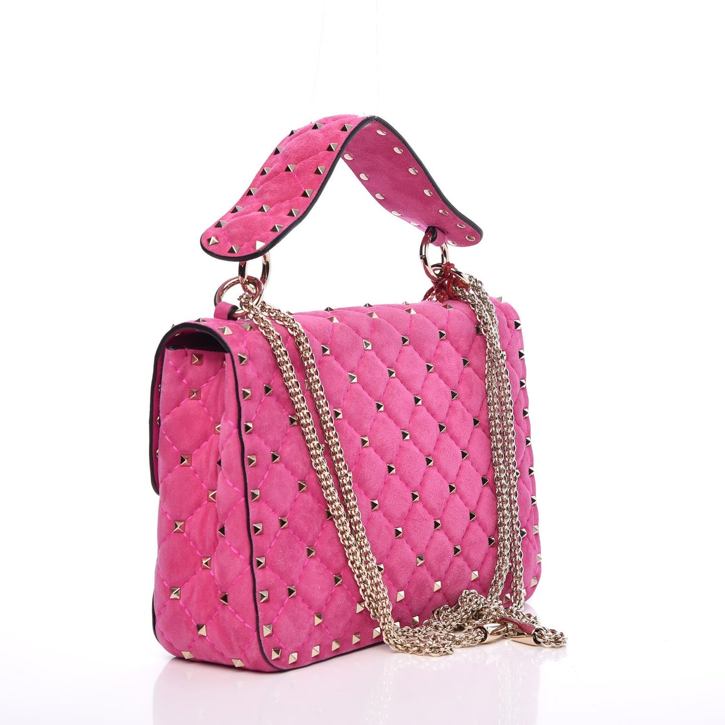 Suede Medium Rockstud Spike Shoulder Bag Bright Fuxia