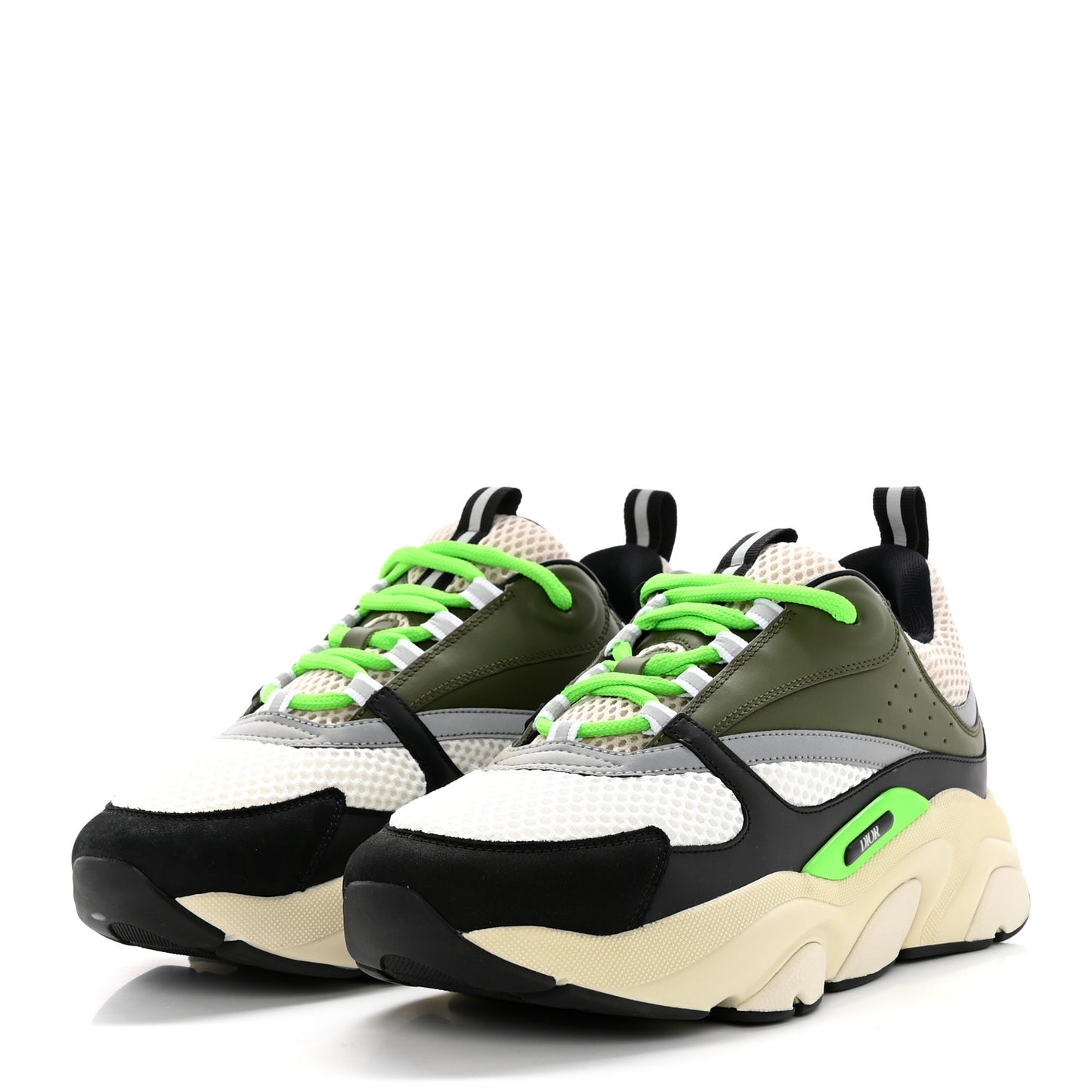Technical Mesh Calfskin Mens B22 Sneakers 41 Olive Green Black Grey White