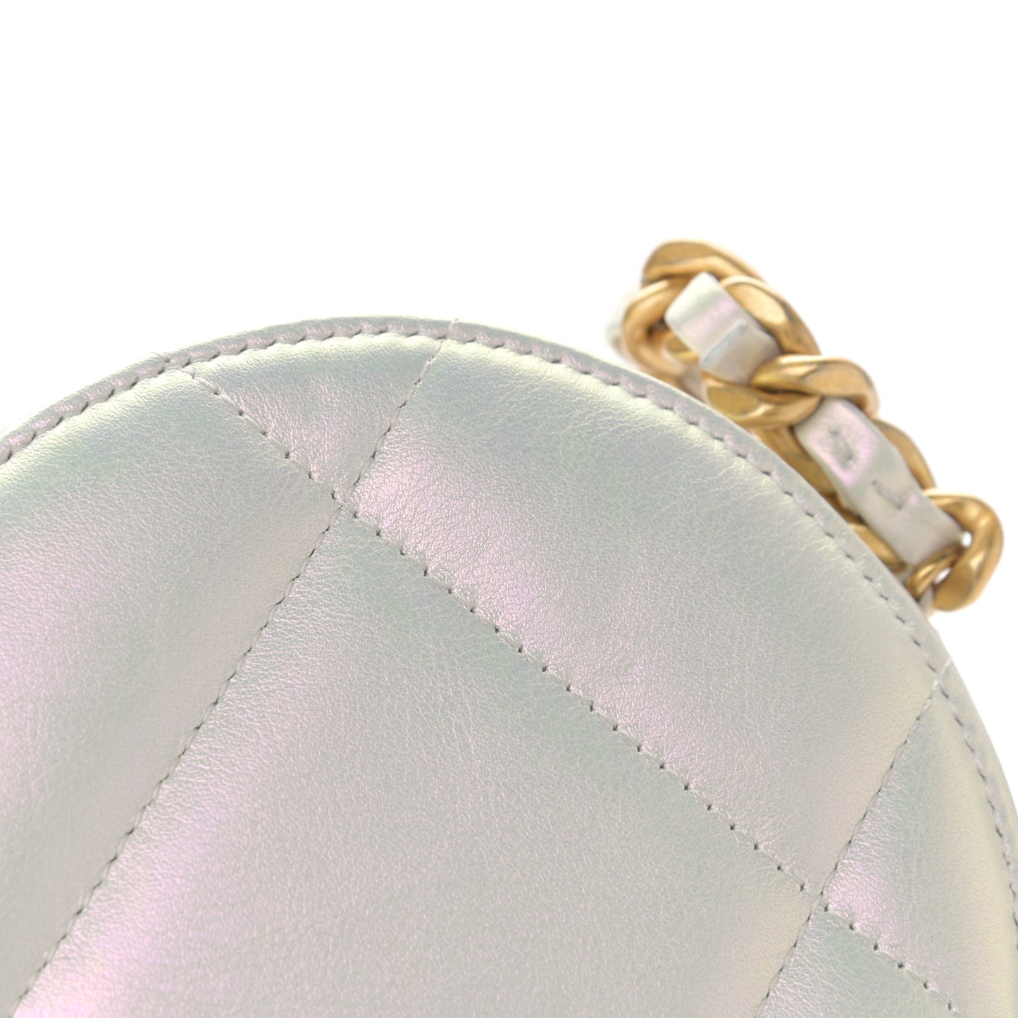 Iridescent Calfskin Quilted Chanel 19 Round Clutch With Chain White