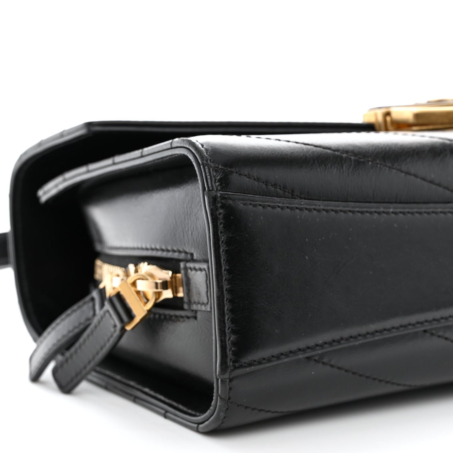 Calfskin Chevron Quilted Medal Flap Black