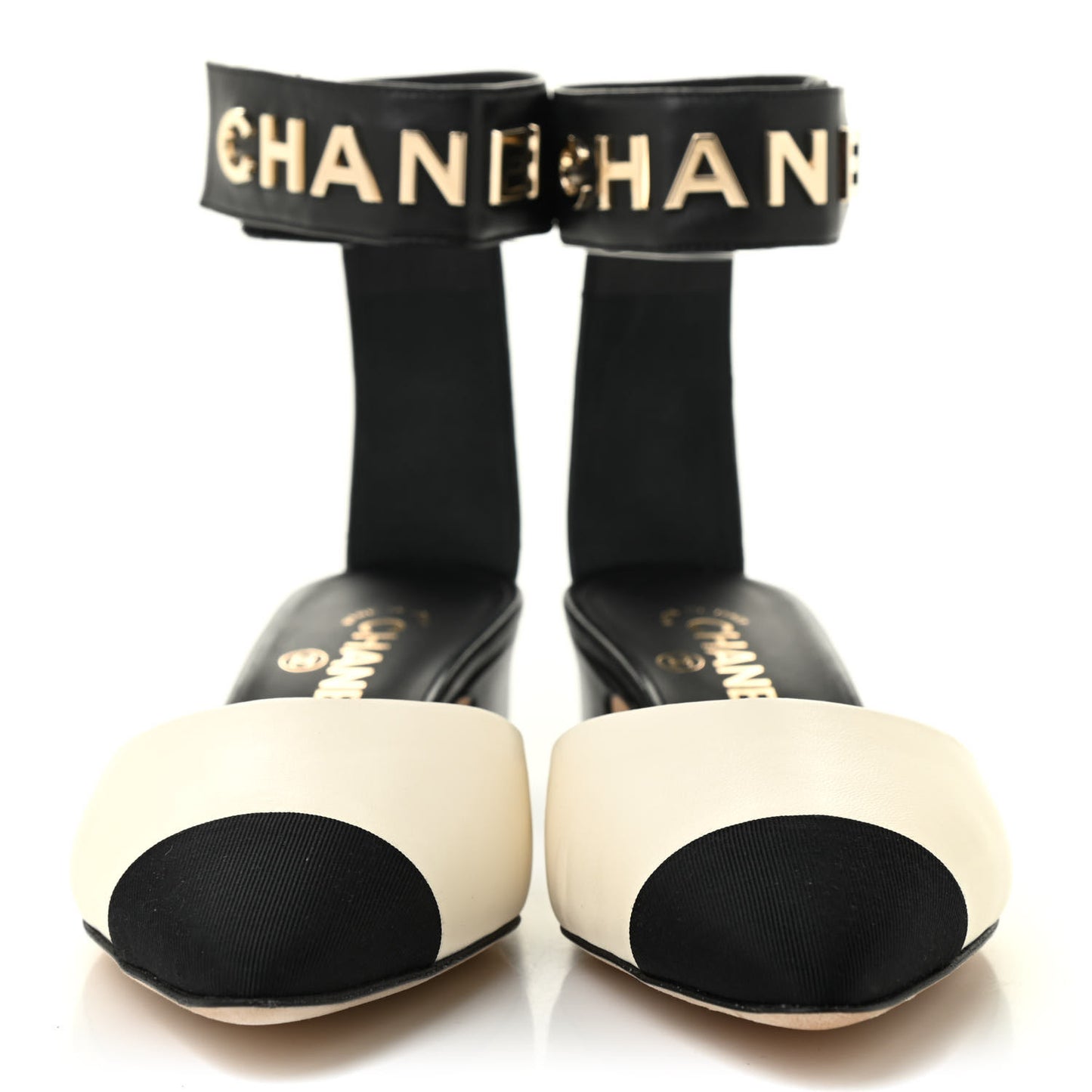 Lambskin Grosgrain Cap Toe Logo Ankle Strap Pumps 38.5 White Black