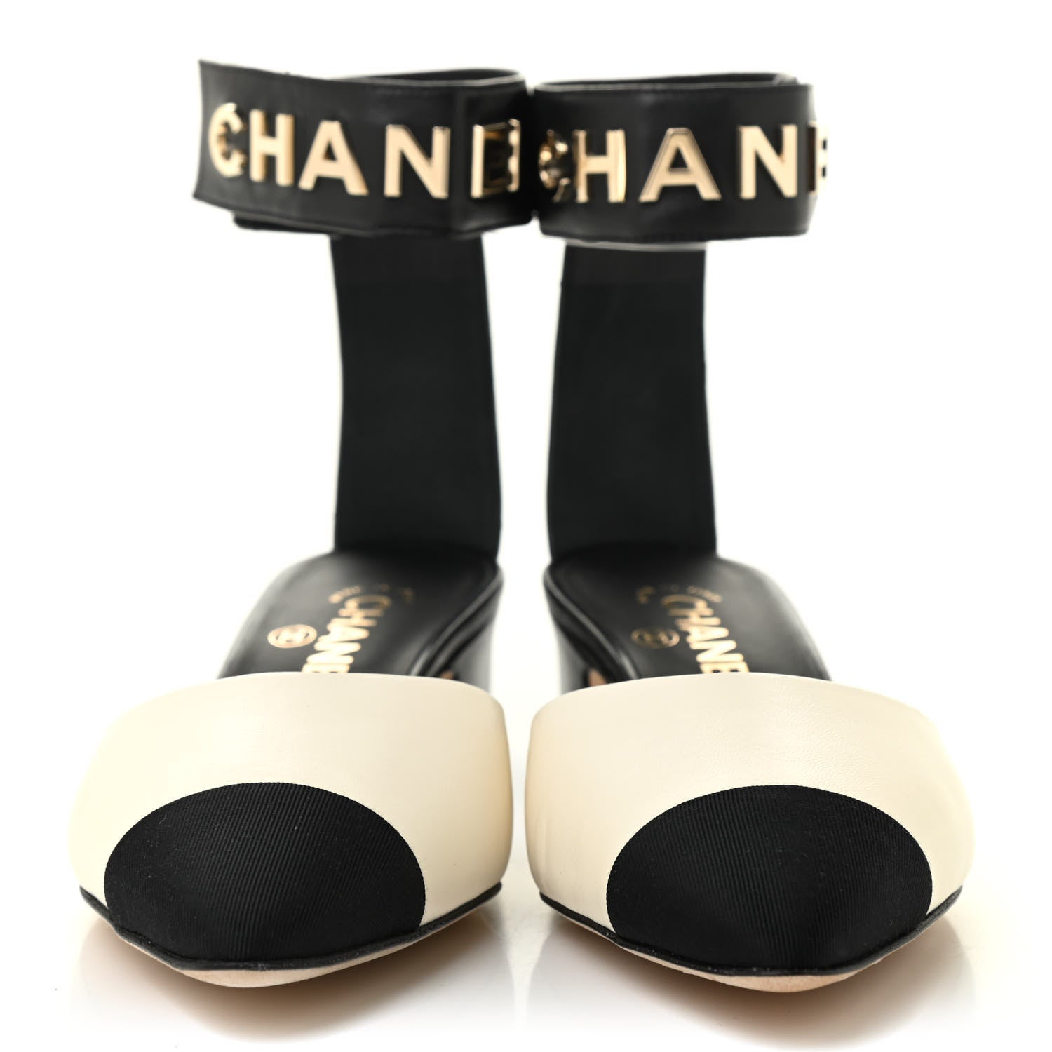 Chanel Lambskin Grosgrain Cap Toe Logo Ankle Strap Pumps 38.5 White Black 2 of 8