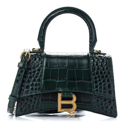 Balenciaga Shiny Calfskin Crocodile Embossed Hourglass Top Handle Bag XS Forest Green 1 of 10
