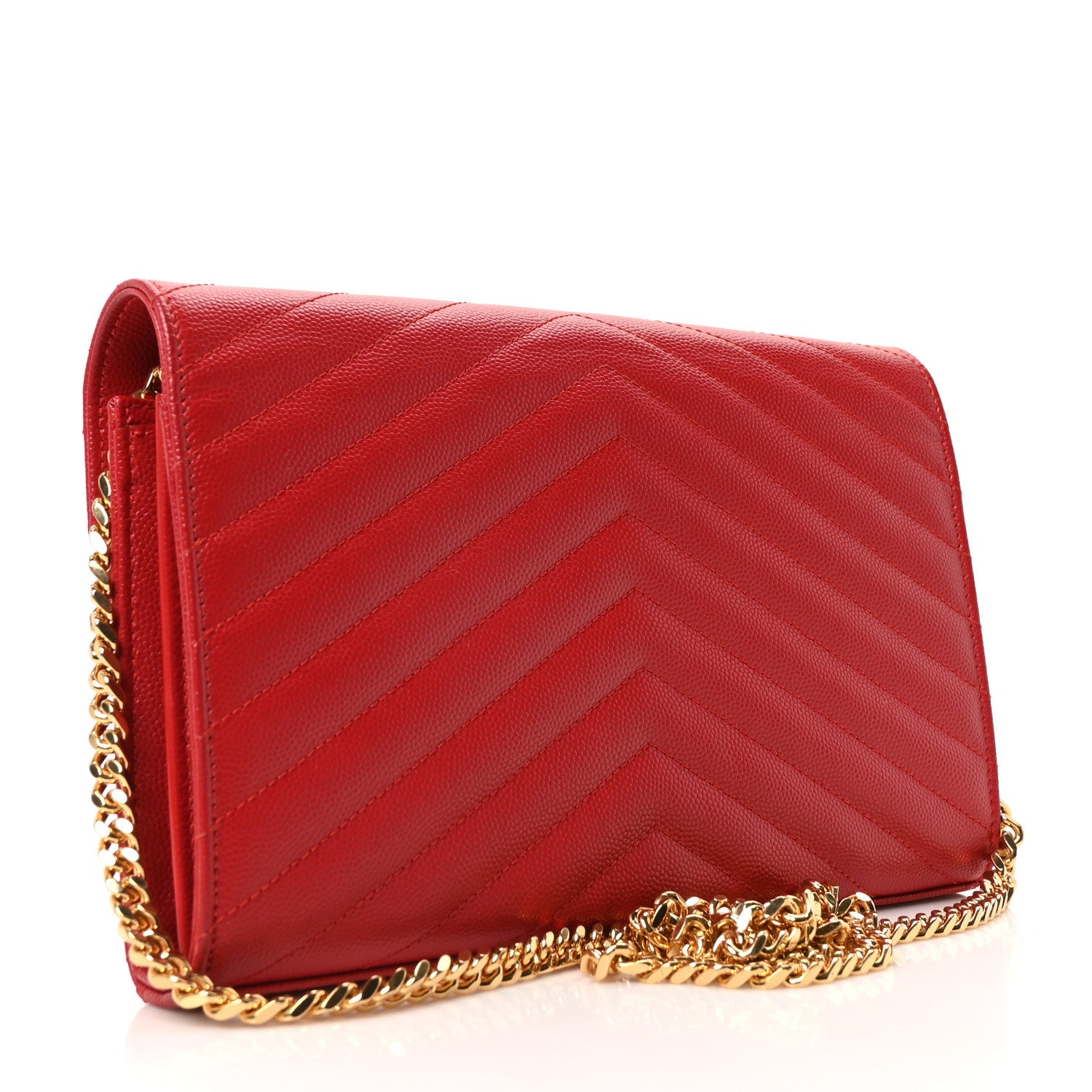 Saint Laurent Grain De Poudre Matelasse Chevron Monogram Chain Wallet Red 3 of 9