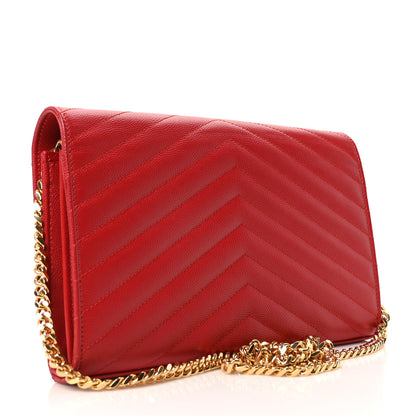 Saint Laurent Grain De Poudre Matelasse Chevron Monogram Chain Wallet Red 3 of 9