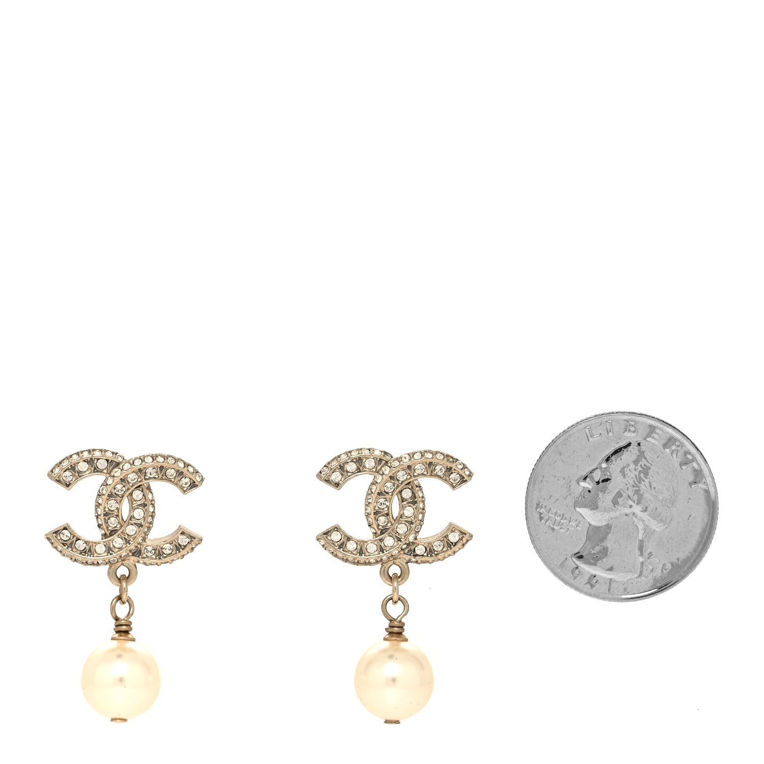 Chanel Crystal Timeless CC Pearl Drop Earrings Light Gold 2 of 4
