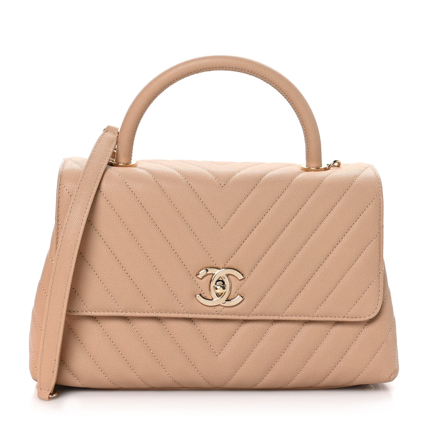 Caviar Chevron Quilted Small Coco Handle Flap Beige