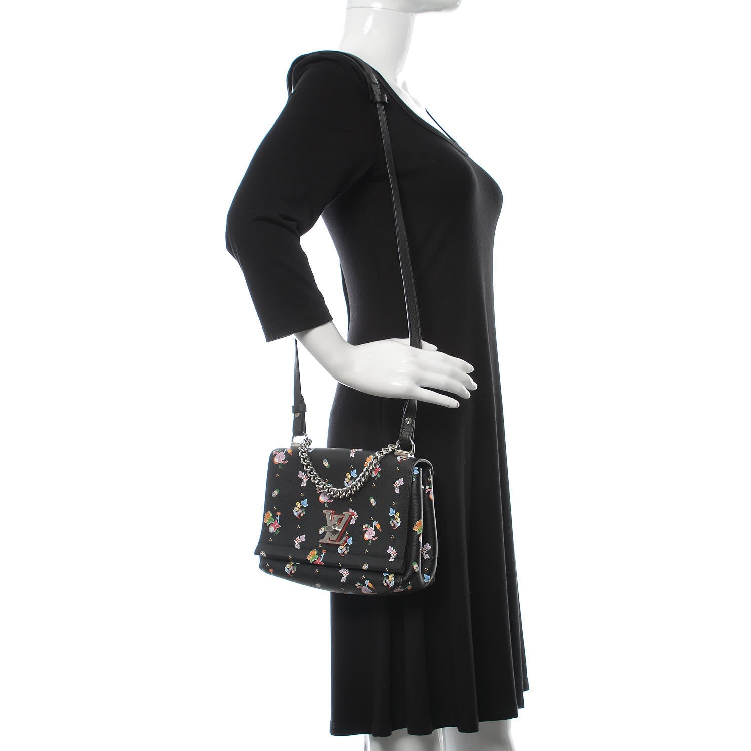 Louis Vuitton Soft Calfskin Lockme II Floral Chain Bag BB Black 2 of 10