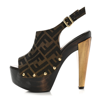Fendi Jacquard Calfskin FF Open Toe Platform Slingback Clogs 36 Tobacco 1 of 10
