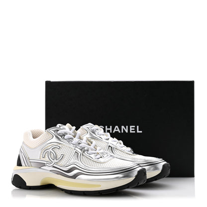 Chanel Fabric Laminated Calfskin Stretch CC Womens Sneakers 38 White Silver 11 of 11
