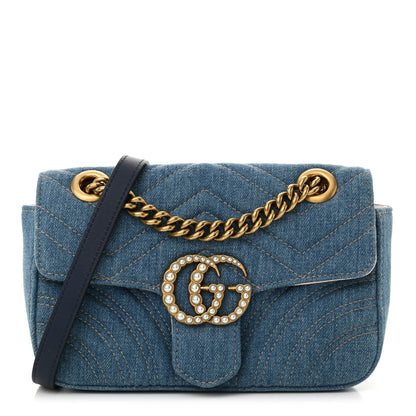 Gucci Denim Matelasse Mini Pearly GG Marmont Shoulder Bag Blue 1 of 12