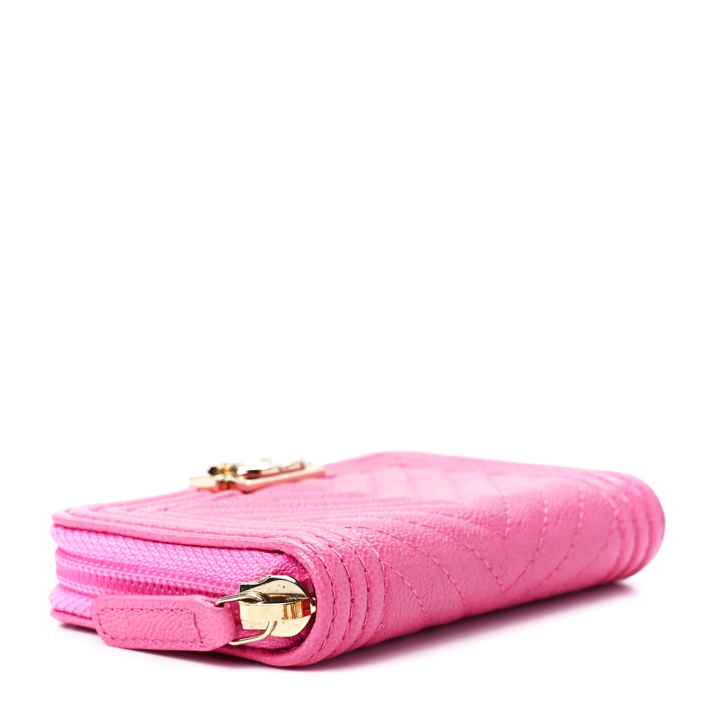 Caviar Chevron Quilted Boy Zip Around Coin Purse Wallet Pink