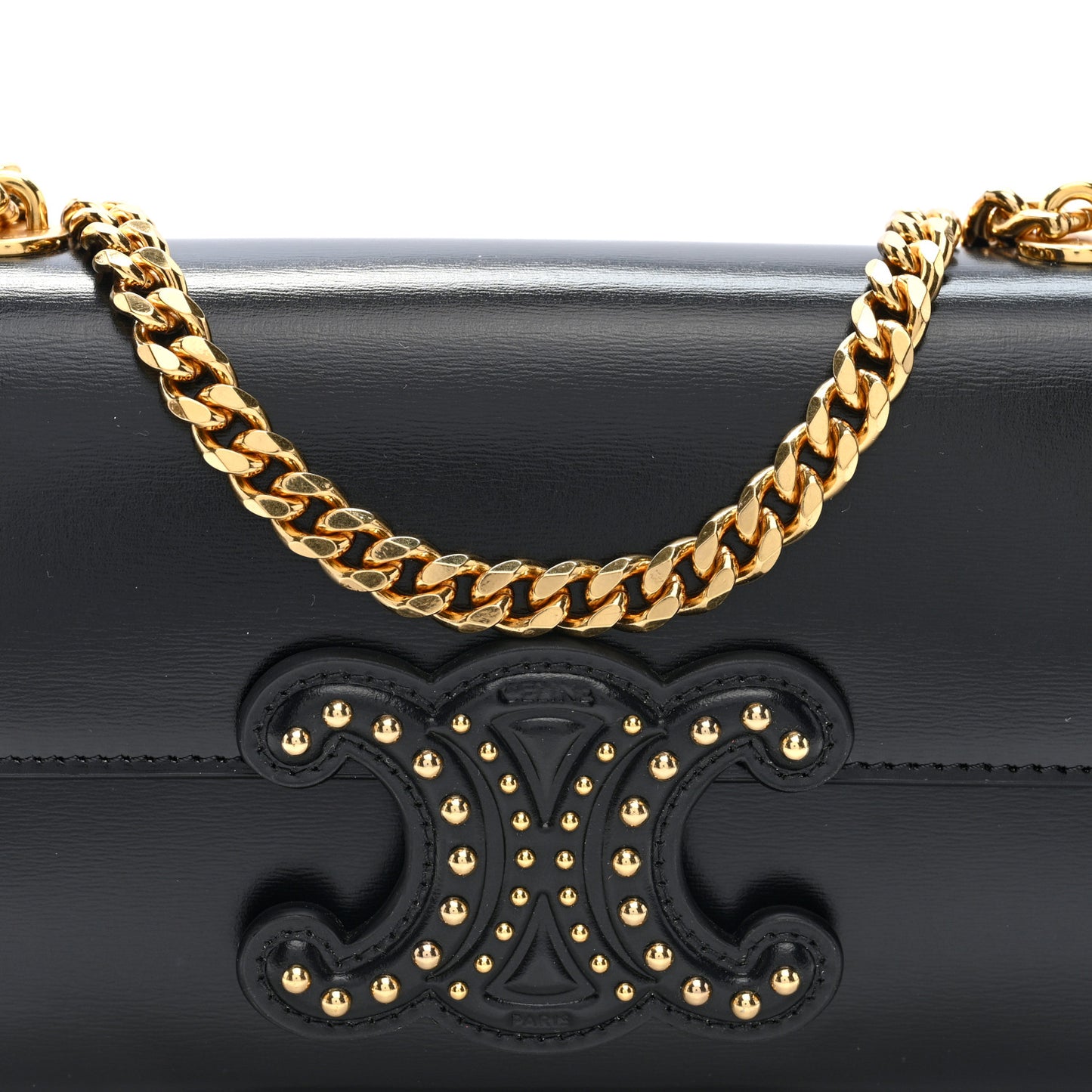 Shiny Calfskin Triomphe Studded Chain Shoulder Bag Black