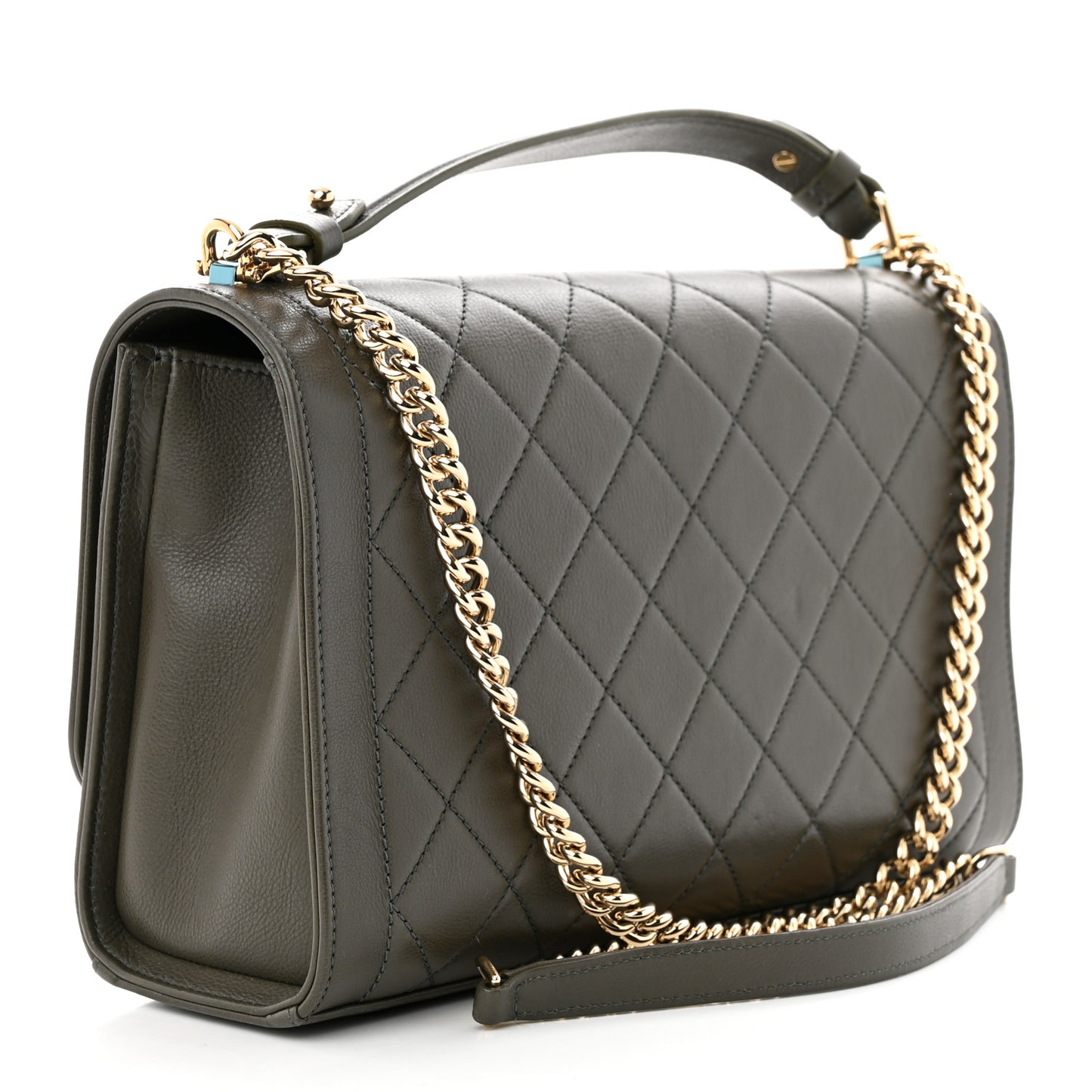 Grained Calfskin Quilted Medium Label Click Flap Bag Khaki