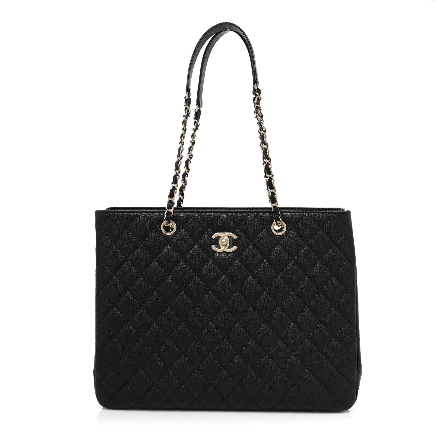 Caviar Quilted Large Shopping Tote Black