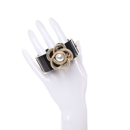 Chanel Resin Crystal Pearl Camellia CC Cuff Black 2 of 5