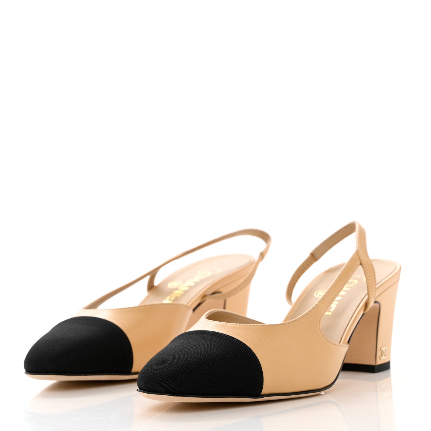 Chanel Goatskin Grosgrain Cap Toe CC Slingback Pumps 39.5 Beige Black 3 of 11