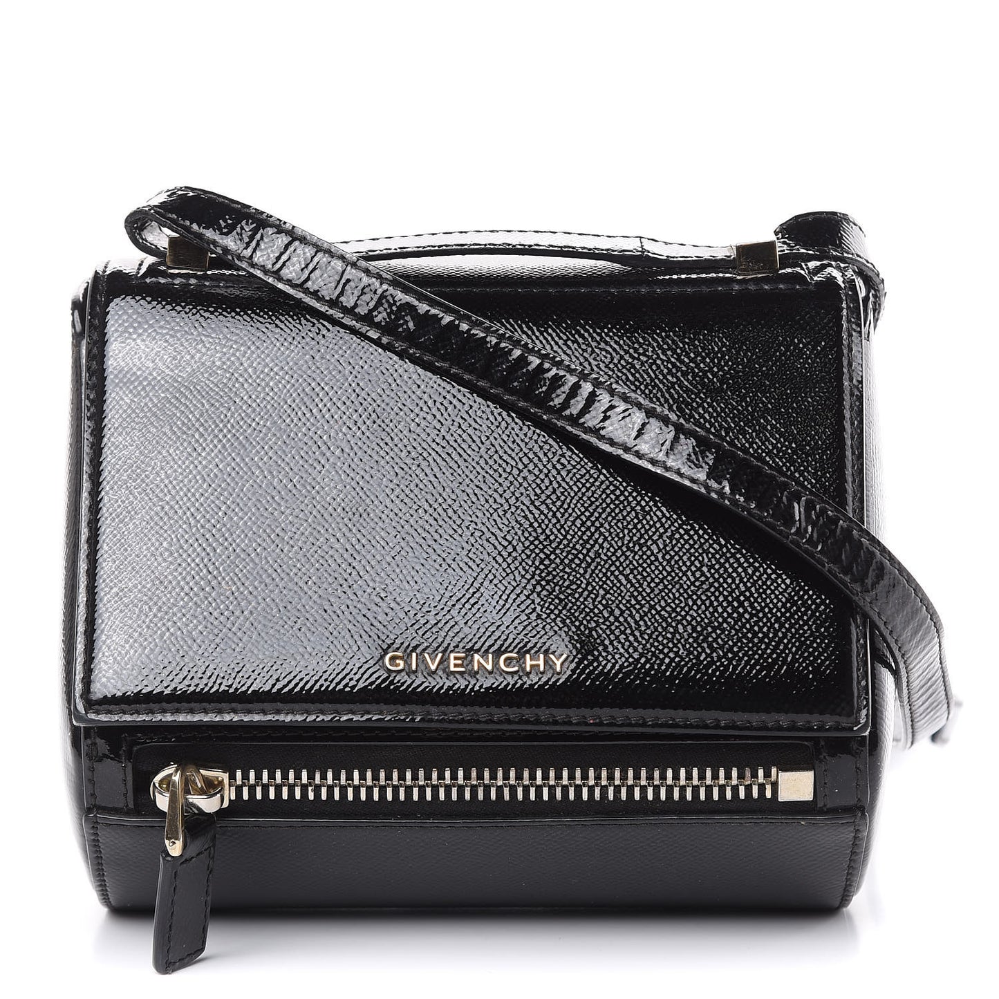 Textured Patent Calfskin Mini Pandora Box Crossbody Bag Black