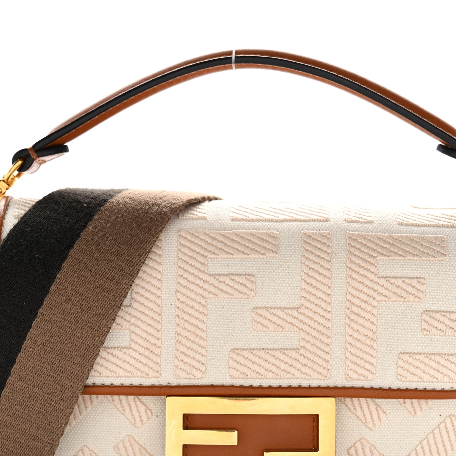Fendi Canvas Vitello King Bi-Color Strap FF Embroidered Mini Baguette Grezzo Brandy Cuoio 7 of 9