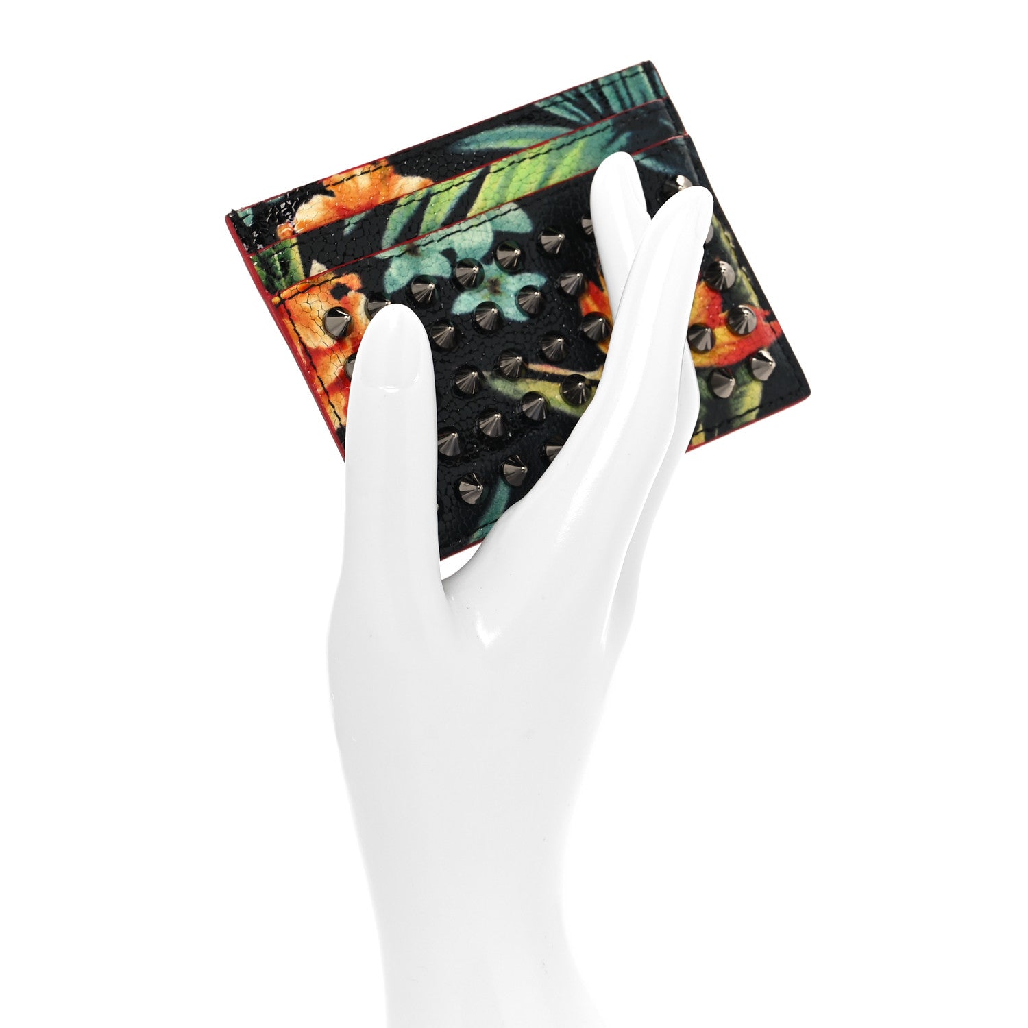 Christian Louboutin Crackled Calfskin Hawaii Print Paros Spikes Card Holder Black Gunmetal 2 of 8