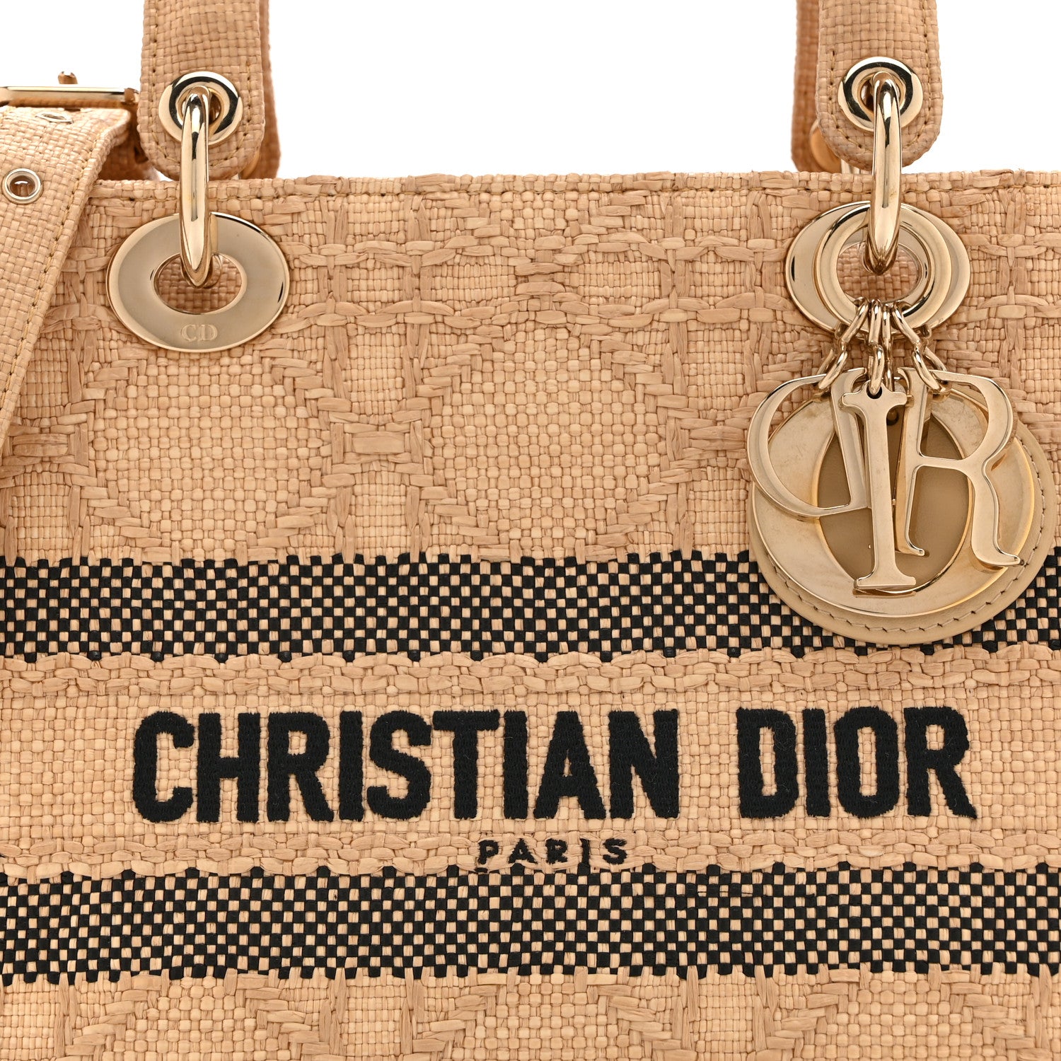 Christian Dior Raffia Woven Cannage Embroidered Medium Lady D-Lite