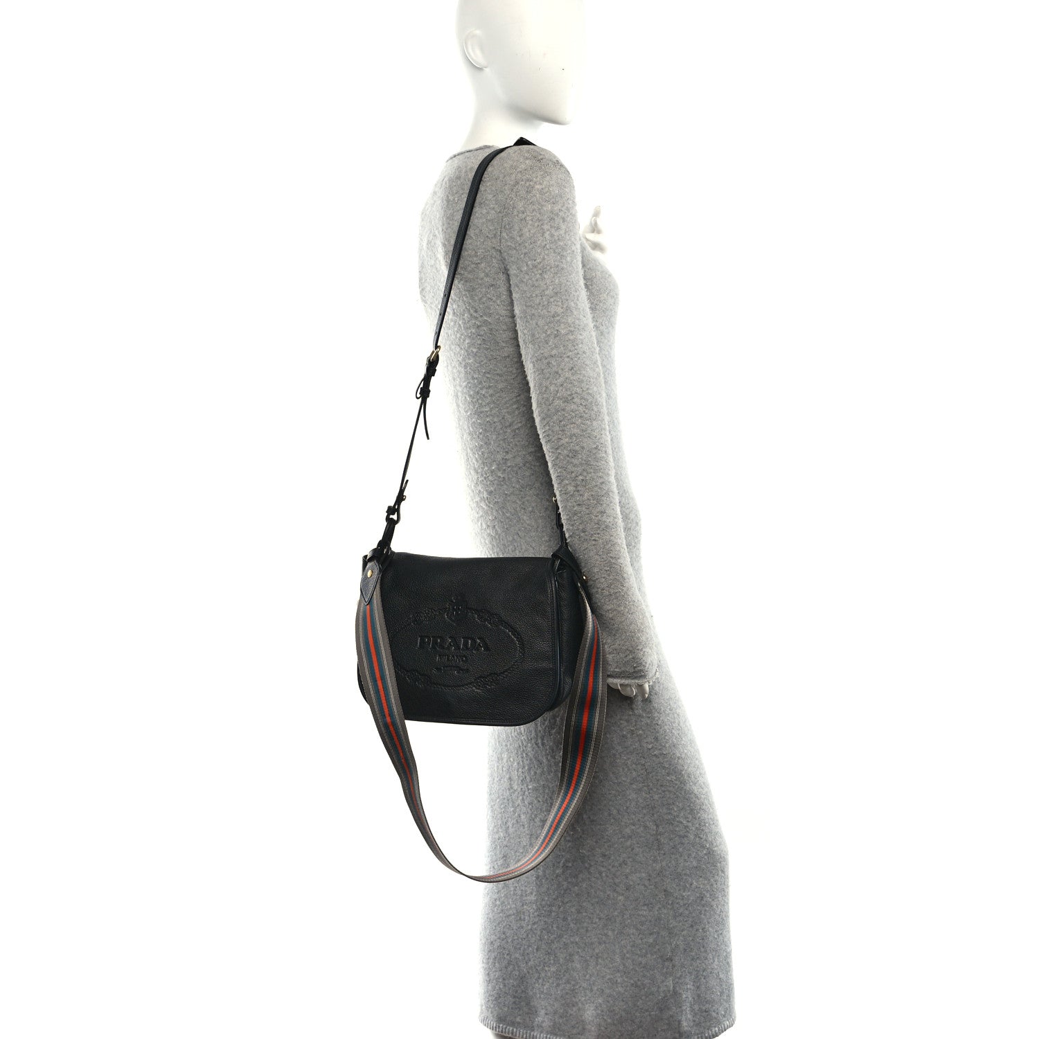 Prada Vitello Daino Embossed Logo Flap Shoulder Bag Black 2 of 11