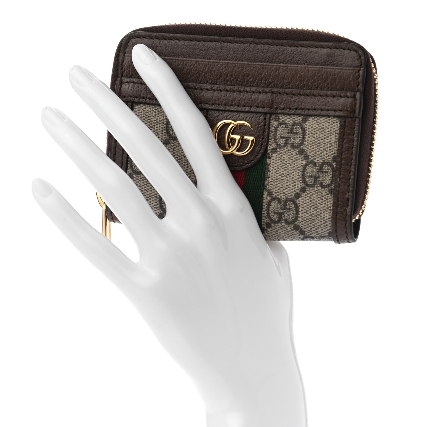 GG Supreme Monogram Textured Dollar Calfskin Web Ophidia Zip Around Card Case Wallet Beige Ebony New Acero