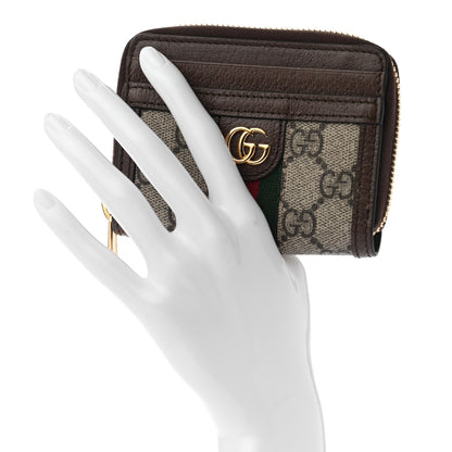 Gucci GG Supreme Monogram Textured Dollar Calfskin Web Ophidia Zip Around Card Case Wallet Beige Ebony New Acero 2 of 7
