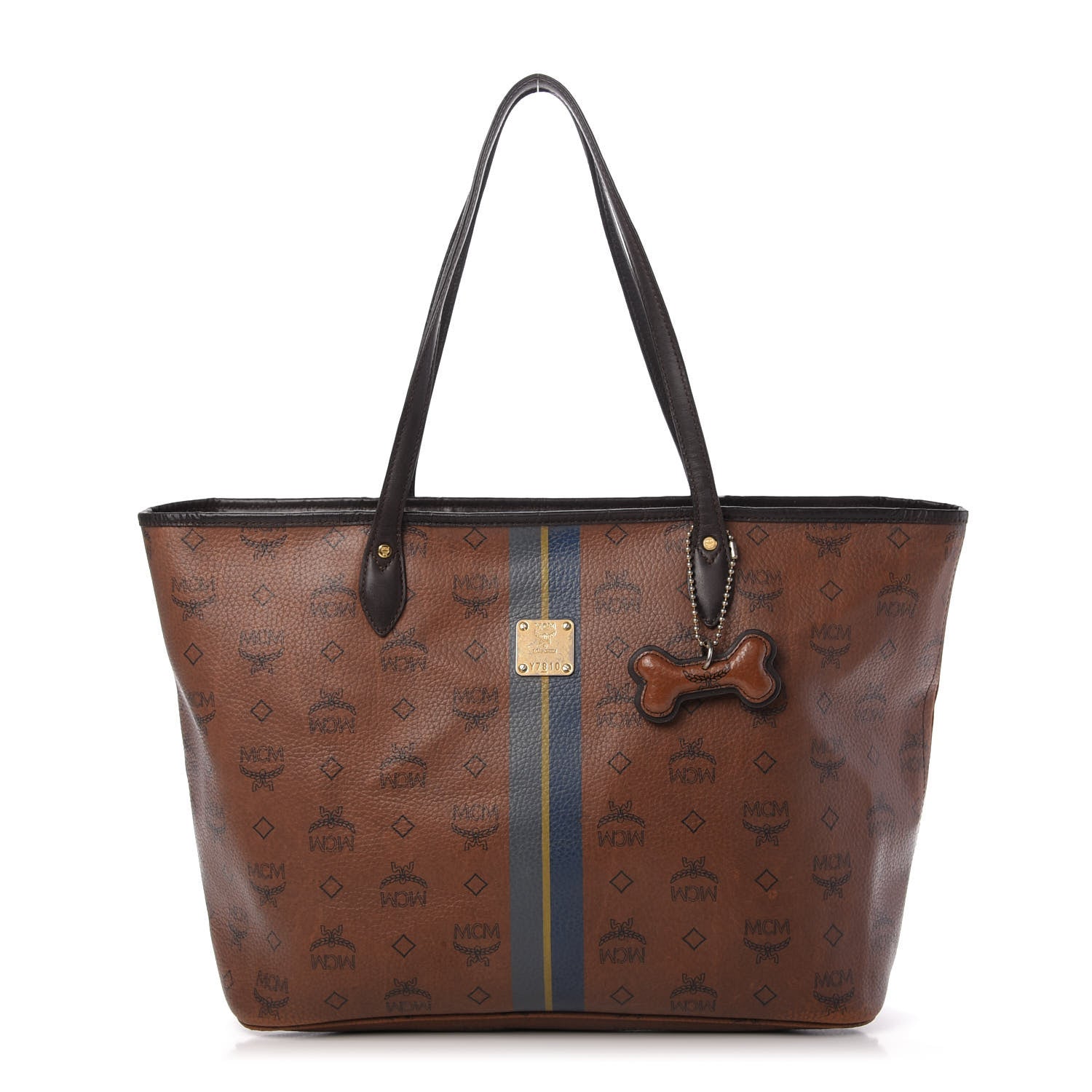 MCM Visetos Dog Bone Striped Shopper Tote Brown 1 of 11