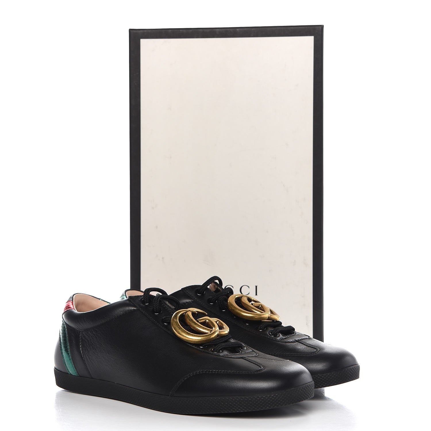 Gucci Calfskin Metallic Ayers Mens Bambi GG Sneakers 7.5 Black Red Flame Verde 9 of 9