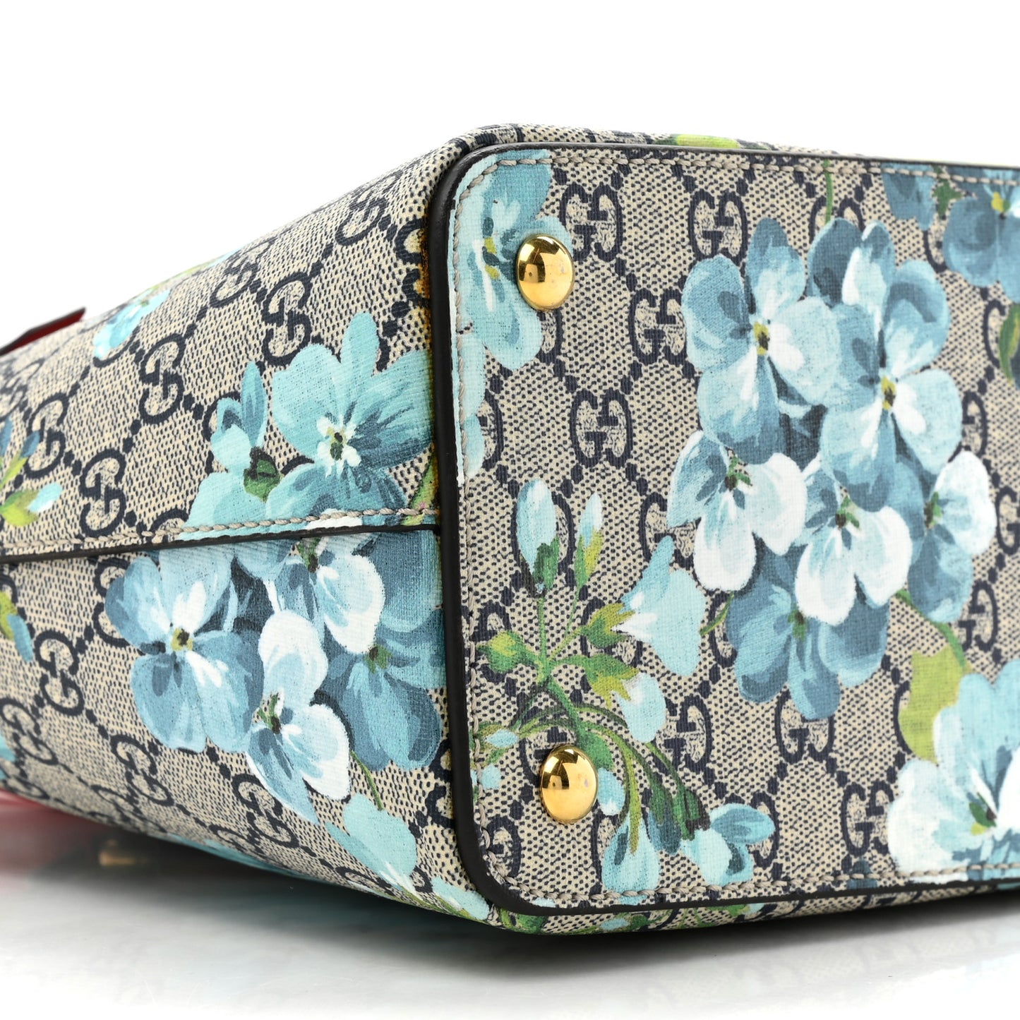GG Supreme Monogram Blooms Medium Zip Top Tote Beige Blue Navy Hibiscus Red