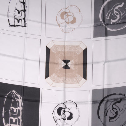 Chanel Silk Camellia Jacket Flower Print Scarf Dark White 1 of 5