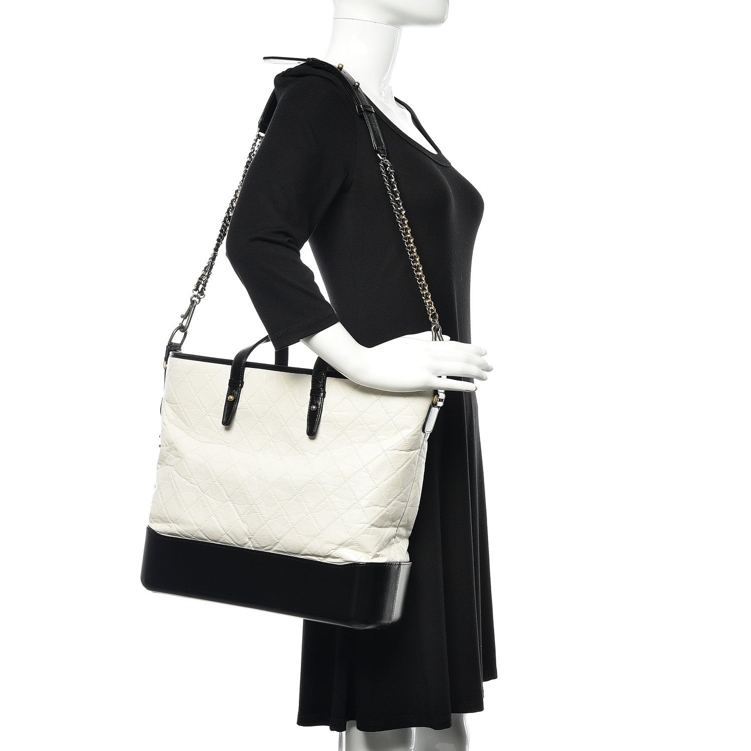 Chanel Aged Calfskin Quilted Large Gabrielle Shopping Tote White Black 2 of 11
